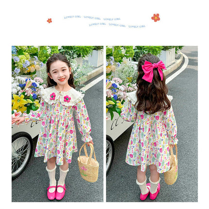 Girls Flower Peter Pan Collar Dress Spring and Autumn Long Sleeve Floral Dress