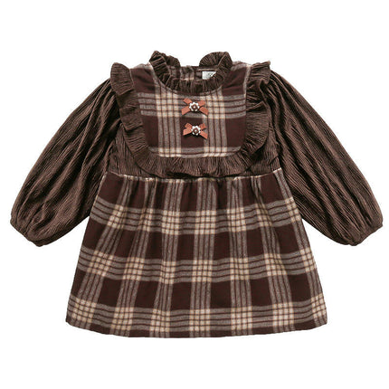 Girls Plaid Dress Ruffle Neck Long Sleeve Fashion Princess Dress Autumn