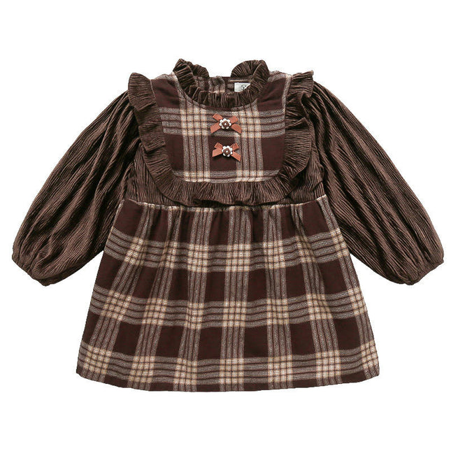 Girls Plaid Dress Ruffle Neck Long Sleeve Fashion Princess Dress Autumn