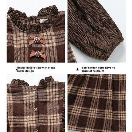 Girls Plaid Dress Ruffle Neck Long Sleeve Fashion Princess Dress Autumn