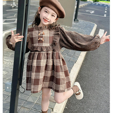Girls Plaid Dress Ruffle Neck Long Sleeve Fashion Princess Dress Autumn
