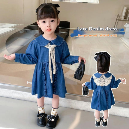 Girls Peter Pan Collar Long Sleeve Casual Denim Skirt Spring and Autumn Style