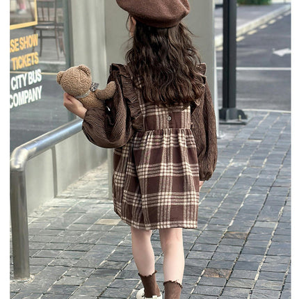 Girls Plaid Dress Ruffle Neck Long Sleeve Fashion Princess Dress Autumn