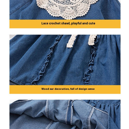 Girls Peter Pan Collar Long Sleeve Casual Denim Skirt Spring and Autumn Style
