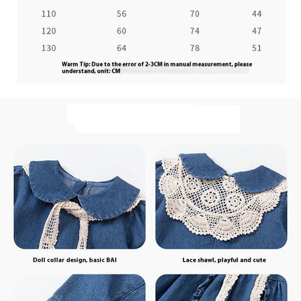 Girls Peter Pan Collar Long Sleeve Casual Denim Skirt Spring and Autumn Style