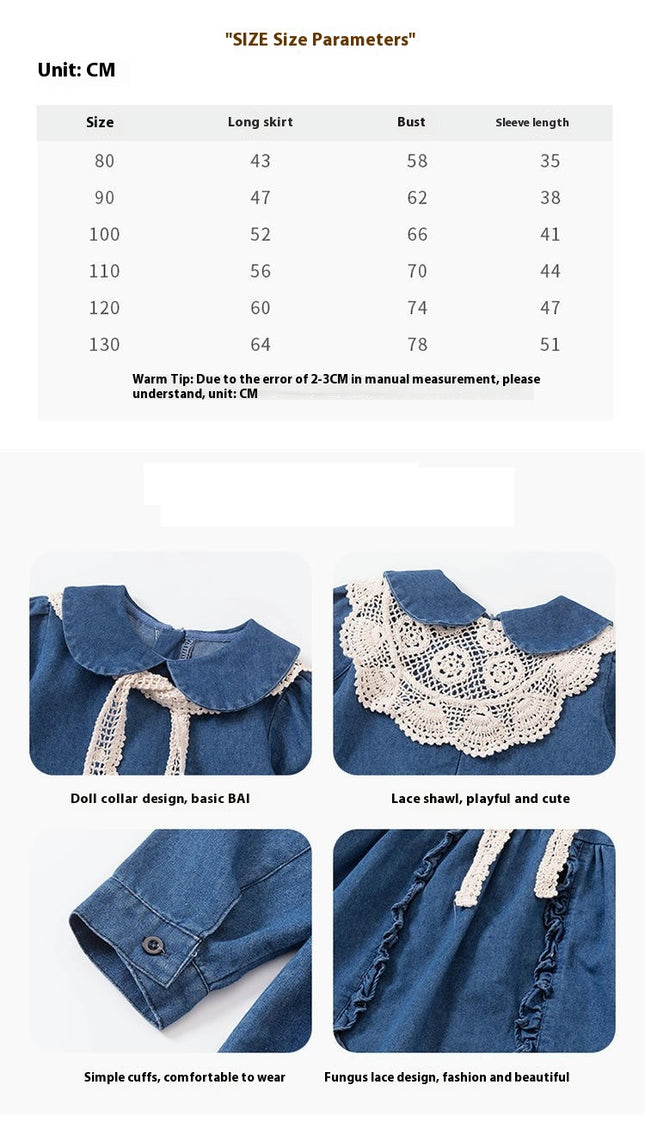 Girls Peter Pan Collar Long Sleeve Casual Denim Skirt Spring and Autumn Style