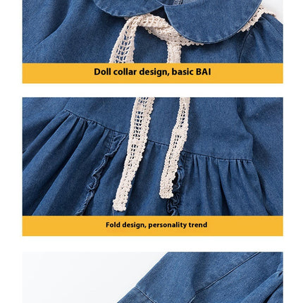 Girls Peter Pan Collar Long Sleeve Casual Denim Skirt Spring and Autumn Style