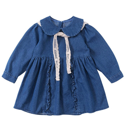 Girls Peter Pan Collar Long Sleeve Casual Denim Skirt Spring and Autumn Style