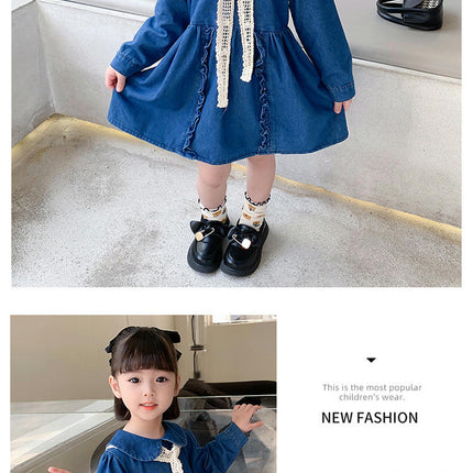 Girls Peter Pan Collar Long Sleeve Casual Denim Skirt Spring and Autumn Style