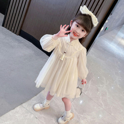 Girls Chinese Cheongsam Dress Autumn Stylish Flowing Dress 2-10 Years Old