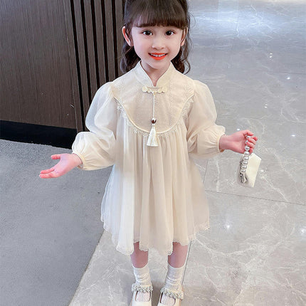 Girls Chinese Cheongsam Dress Autumn Stylish Flowing Dress 2-10 Years Old
