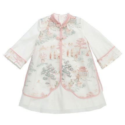 Girls Long Sleeve Chinese Style Dress Autumn Landscape Painting Slim Dress