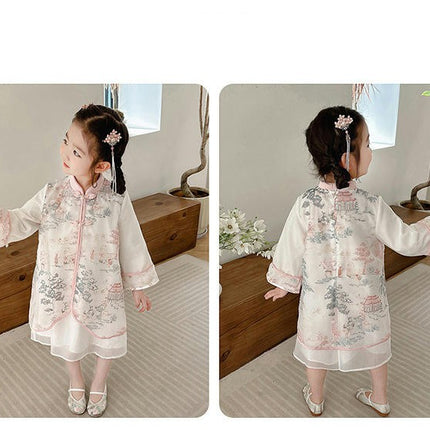 Girls Long Sleeve Chinese Style Dress Autumn Landscape Painting Slim Dress