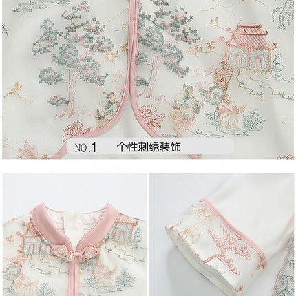 Girls Long Sleeve Chinese Style Dress Autumn Landscape Painting Slim Dress