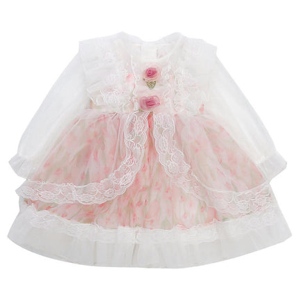 Toddler Long Sleeve Full Body Ruffle Dress Autumn Lace Elegant A-Line Skirt