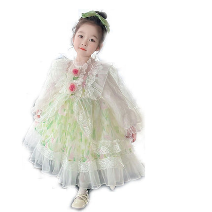 Toddler Long Sleeve Full Body Ruffle Dress Autumn Lace Elegant A-Line Skirt