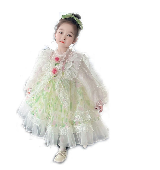 Toddler Long Sleeve Full Body Ruffle Dress Autumn Lace Elegant A-Line Skirt