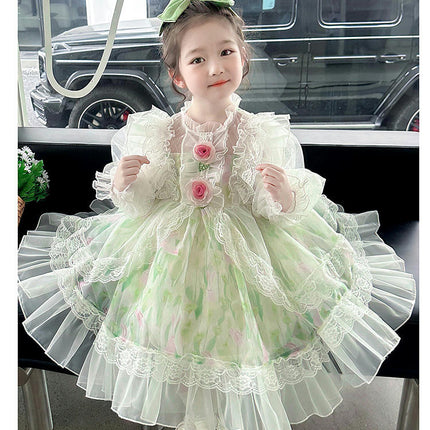 Toddler Long Sleeve Full Body Ruffle Dress Autumn Lace Elegant A-Line Skirt