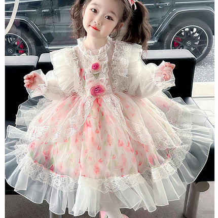 Toddler Long Sleeve Full Body Ruffle Dress Autumn Lace Elegant A-Line Skirt