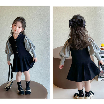 Toddler long-sleeved button-stitched contrast dress Spring casual princess dress
