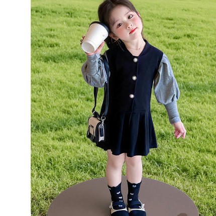 Toddler long-sleeved button-stitched contrast dress Spring casual princess dress