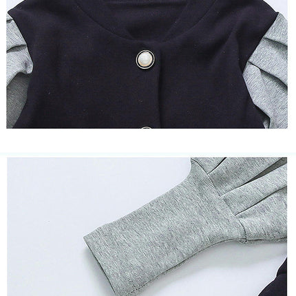 Toddler long-sleeved button-stitched contrast dress Spring casual princess dress