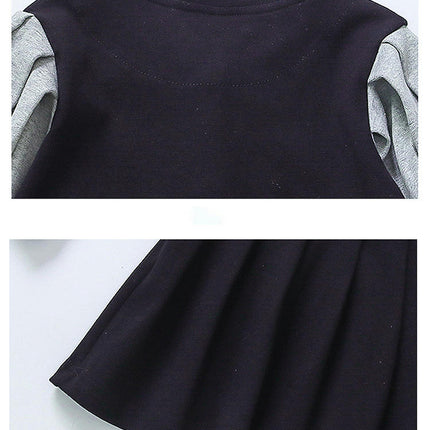Toddler long-sleeved button-stitched contrast dress Spring casual princess dress