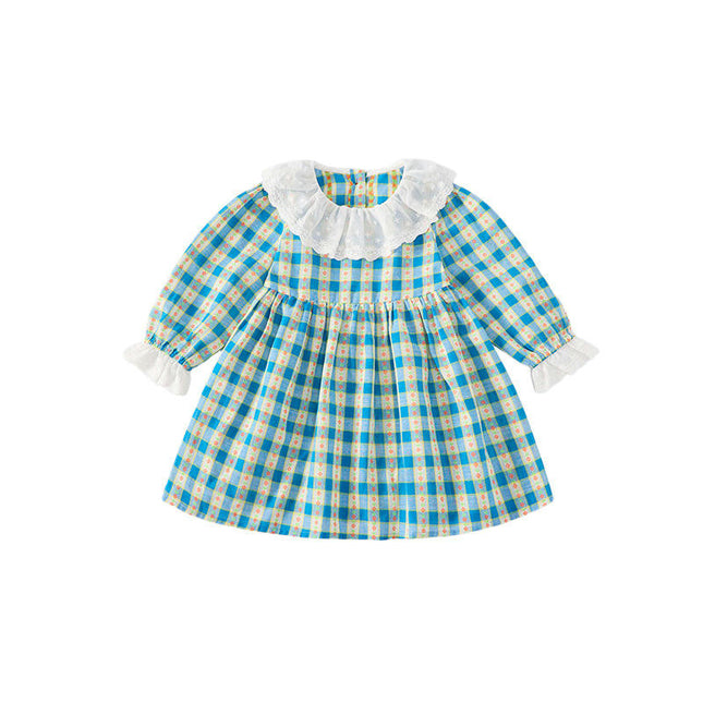 Girls Long Sleeve Dress Spring and Autumn Lace Large Lapel Plaid Dress