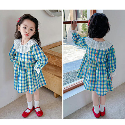 Girls Long Sleeve Dress Spring and Autumn Lace Large Lapel Plaid Dress