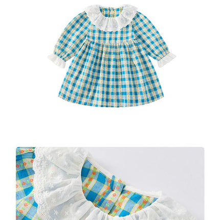 Girls Long Sleeve Dress Spring and Autumn Lace Large Lapel Plaid Dress