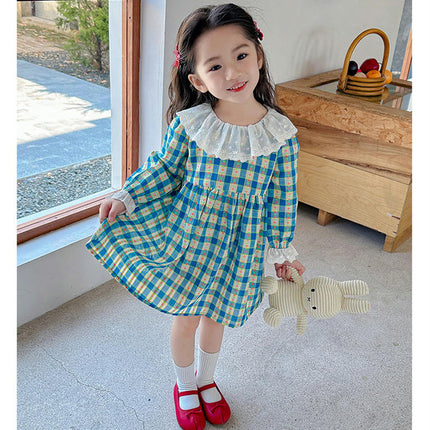 Girls Long Sleeve Dress Spring and Autumn Lace Large Lapel Plaid Dress