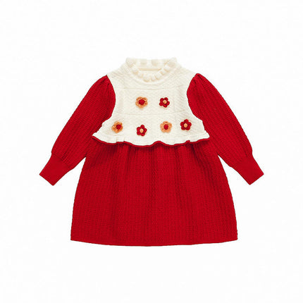 Girls Long Sleeve Ruffle Collar 3D Flower Contrast Color Knitted Sweater Dress