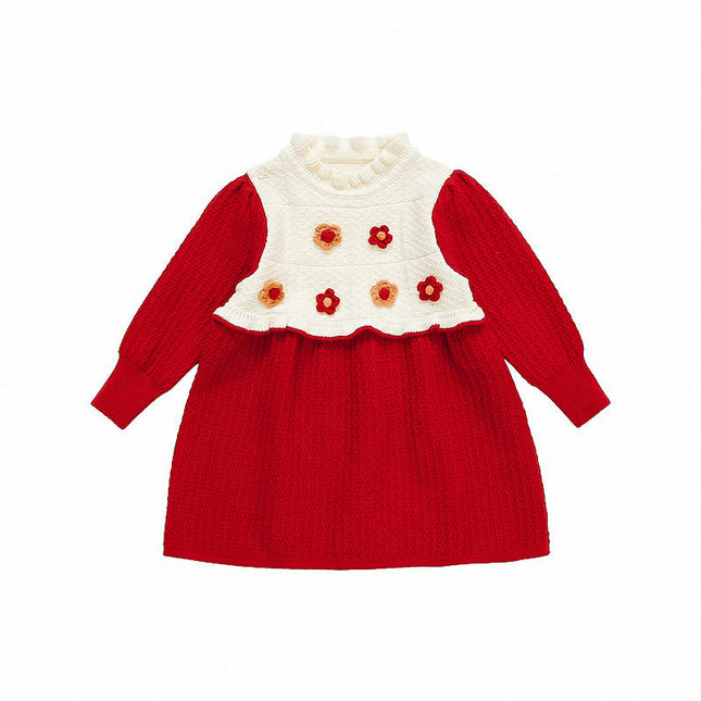 Girls Long Sleeve Ruffle Collar 3D Flower Contrast Color Knitted Sweater Dress