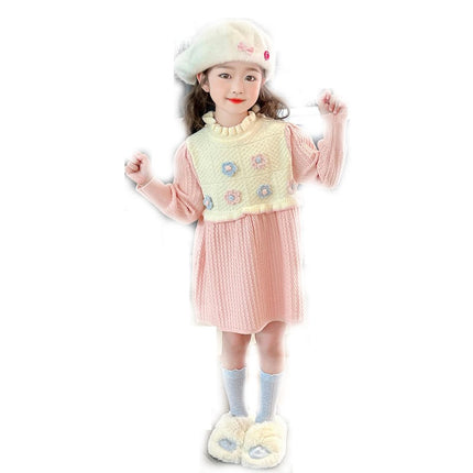 Girls Long Sleeve Ruffle Collar 3D Flower Contrast Color Knitted Sweater Dress