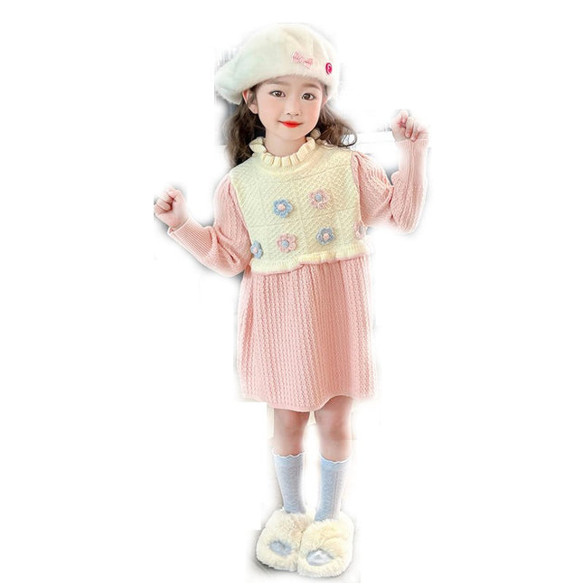 Girls Long Sleeve Ruffle Collar 3D Flower Contrast Color Knitted Sweater Dress