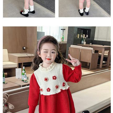 Girls Long Sleeve Ruffle Collar 3D Flower Contrast Color Knitted Sweater Dress