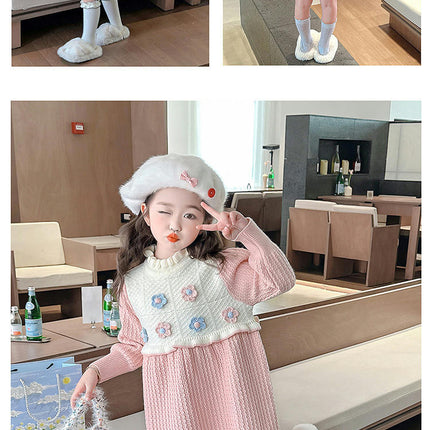 Girls Long Sleeve Ruffle Collar 3D Flower Contrast Color Knitted Sweater Dress
