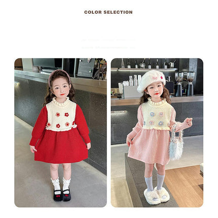 Girls Long Sleeve Ruffle Collar 3D Flower Contrast Color Knitted Sweater Dress
