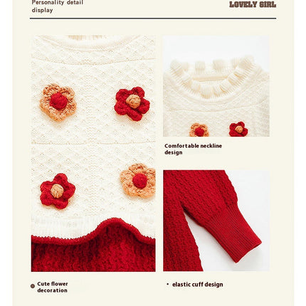 Girls Long Sleeve Ruffle Collar 3D Flower Contrast Color Knitted Sweater Dress