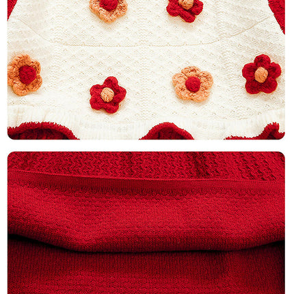 Girls Long Sleeve Ruffle Collar 3D Flower Contrast Color Knitted Sweater Dress