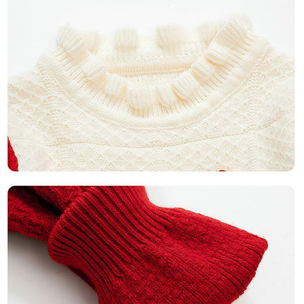 Girls Long Sleeve Ruffle Collar 3D Flower Contrast Color Knitted Sweater Dress