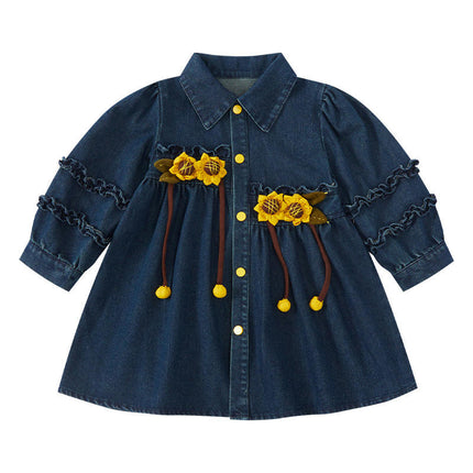 Girls Sunflower Denim Skirt Autumn Long Sleeve Button Western Style Dress