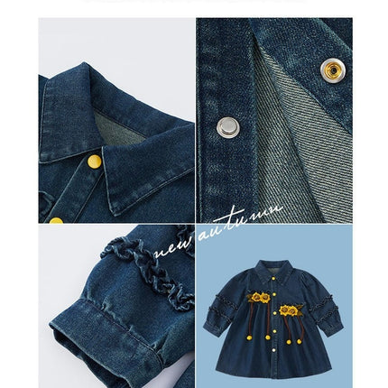 Girls Sunflower Denim Skirt Autumn Long Sleeve Button Western Style Dress