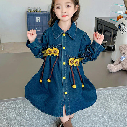Girls Sunflower Denim Skirt Autumn Long Sleeve Button Western Style Dress