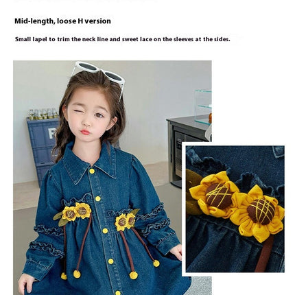 Girls Sunflower Denim Skirt Autumn Long Sleeve Button Western Style Dress