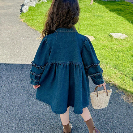 Girls Sunflower Denim Skirt Autumn Long Sleeve Button Western Style Dress