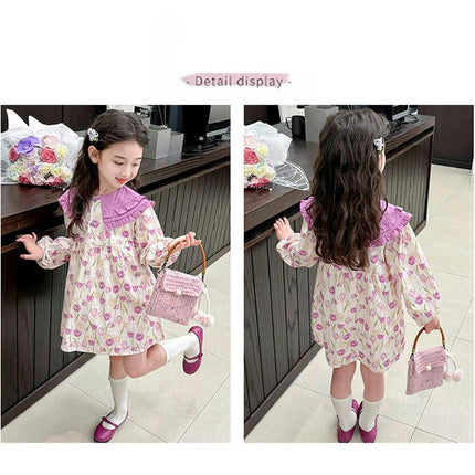 Girls Contrast Color Lapel Dress Spring Long Sleeve Floral Print Princess Dress