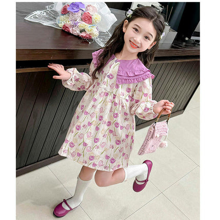 Girls Contrast Color Lapel Dress Spring Long Sleeve Floral Print Princess Dress