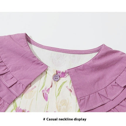 Girls Contrast Color Lapel Dress Spring Long Sleeve Floral Print Princess Dress