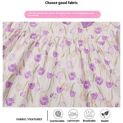 Girls Contrast Color Lapel Dress Spring Long Sleeve Floral Print Princess Dress